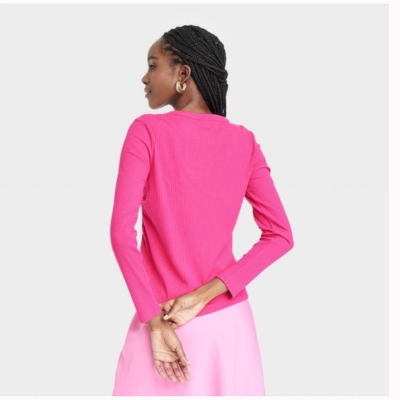 TARGET A NEW DAY Bright Pink Long-Sleeve Ribbed Ruched Adjustable String Shirt S - Picture 4 of 15